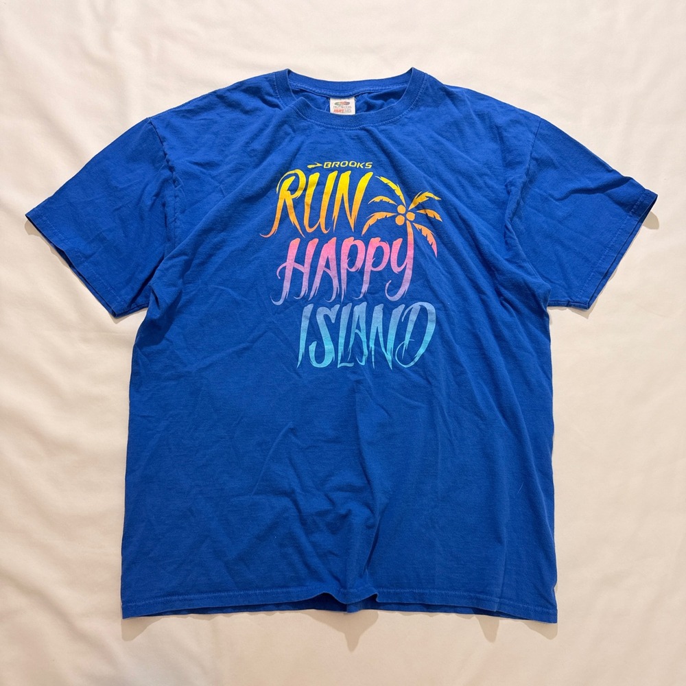 Brooks T Shirt Mens Large Blue Run Happy Island Graphic Short Sleeve Tee